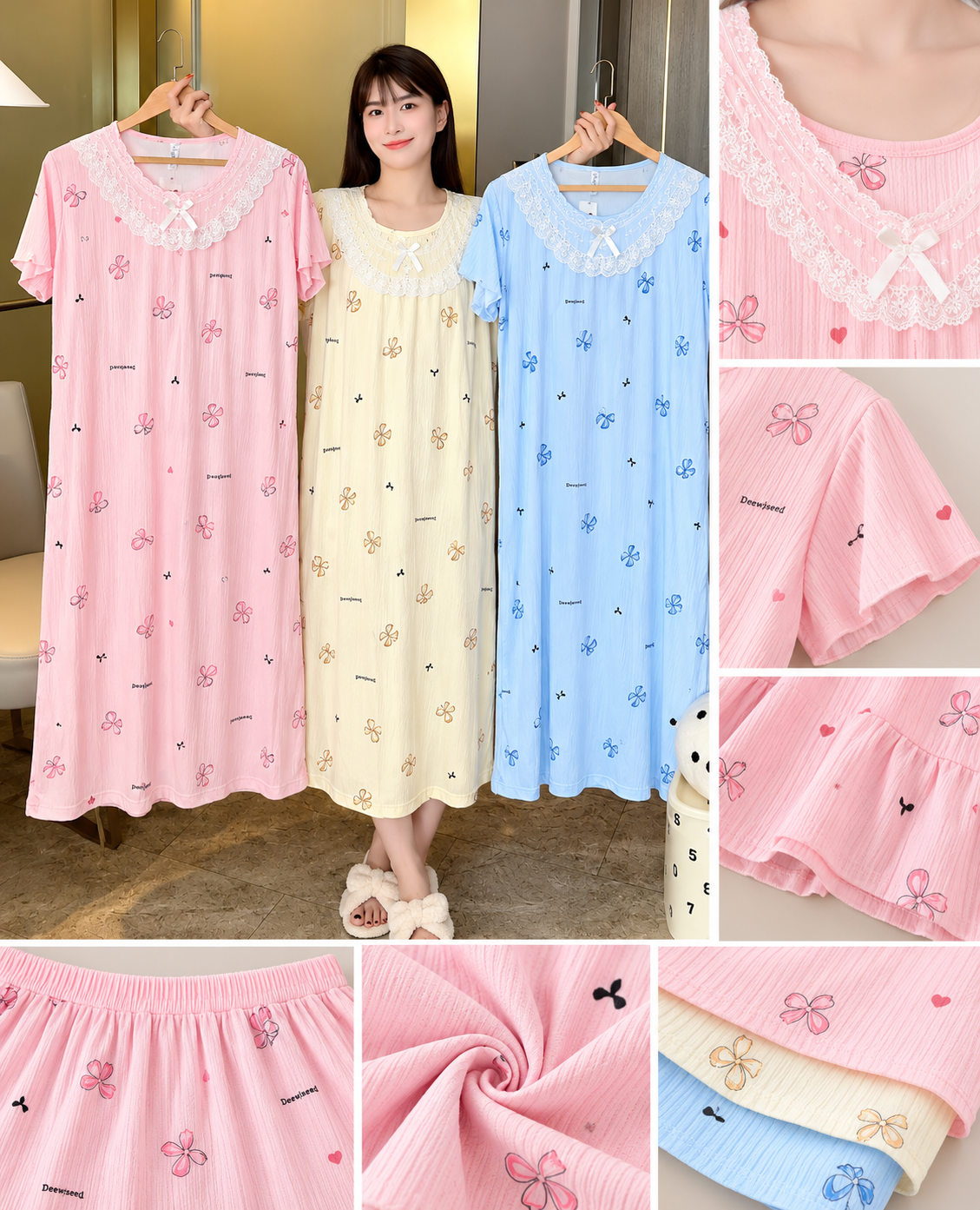 Pink yellow blue bow print lace collar long nightdress MOQ 6