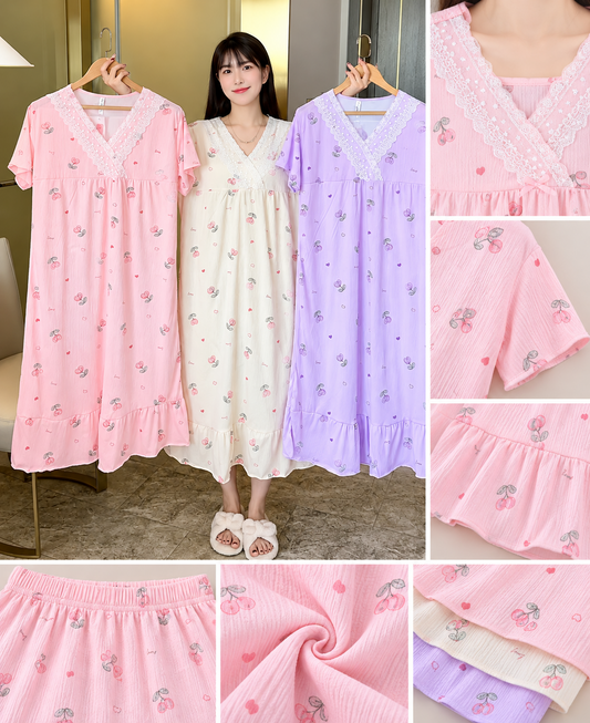 Pink cream lavender cherry print lace V neck ruffle long nightdress MOQ 6