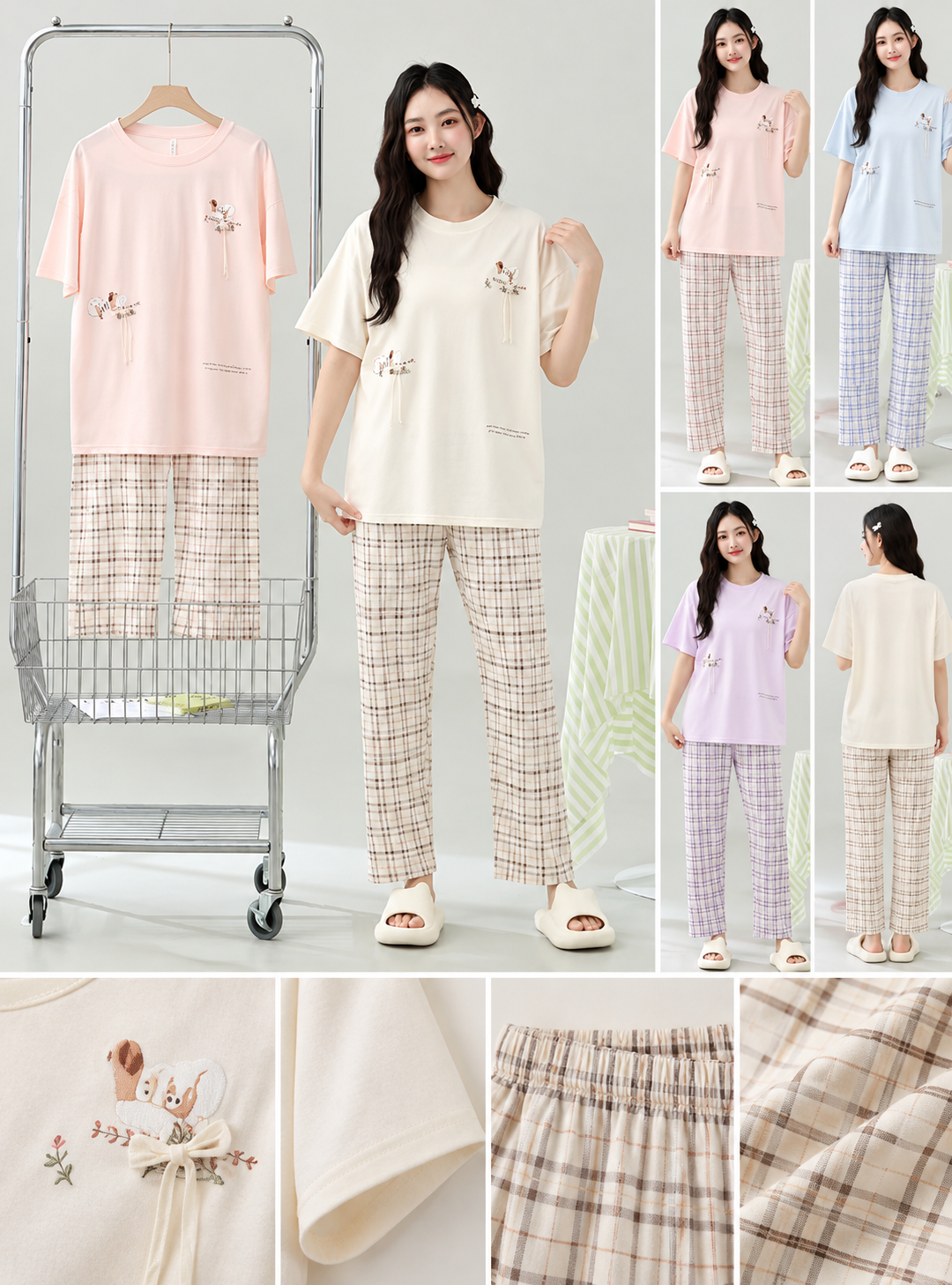 Pastel embroidered T-shirt and checked trouser Korean nightwear wholesale