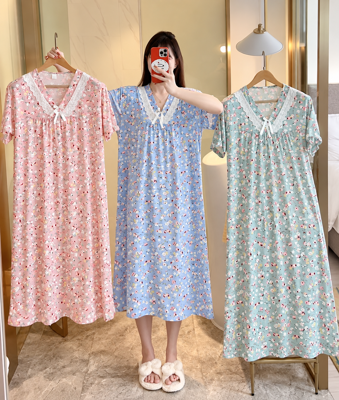 Pink blue green floral lace V neck nightdress Korean wholesale