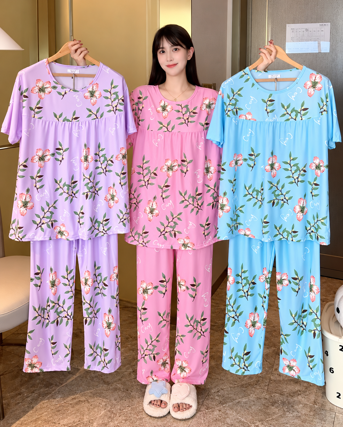 Pastel floral nightwear co ord set lavender pink sky blue Korean wholesale