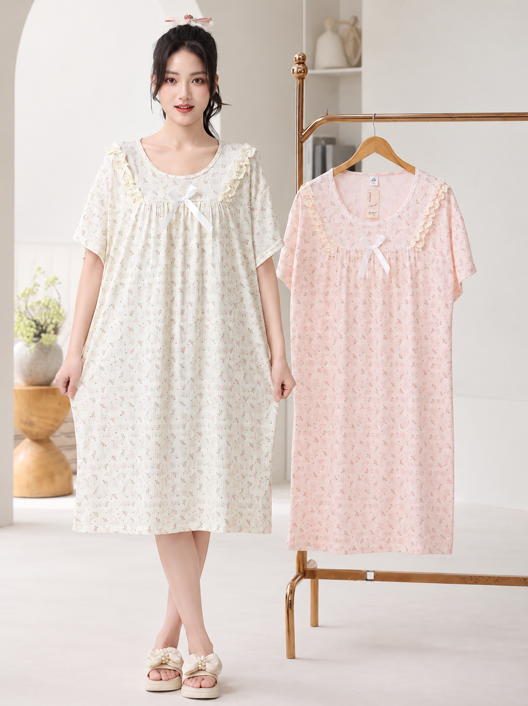 Cream pink pastel floral ruffle bow nightdress Korean wholesale