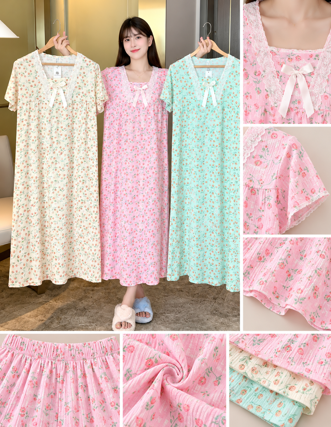 Cream pink mint floral V neck lace bow long nightdress wholesale