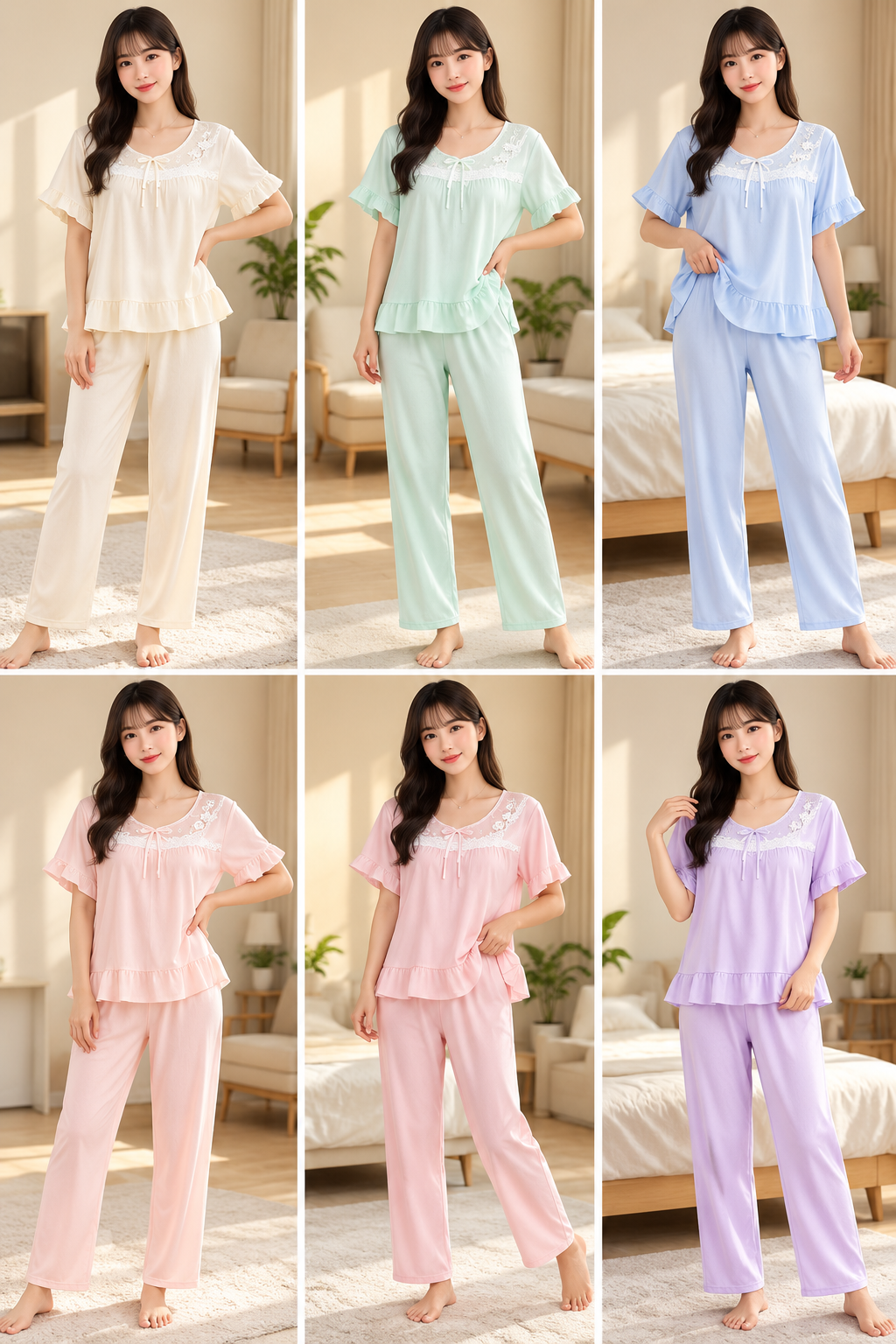 Six pastel lace yoke flutter sleeve ruffle hem pajama sets wholesale