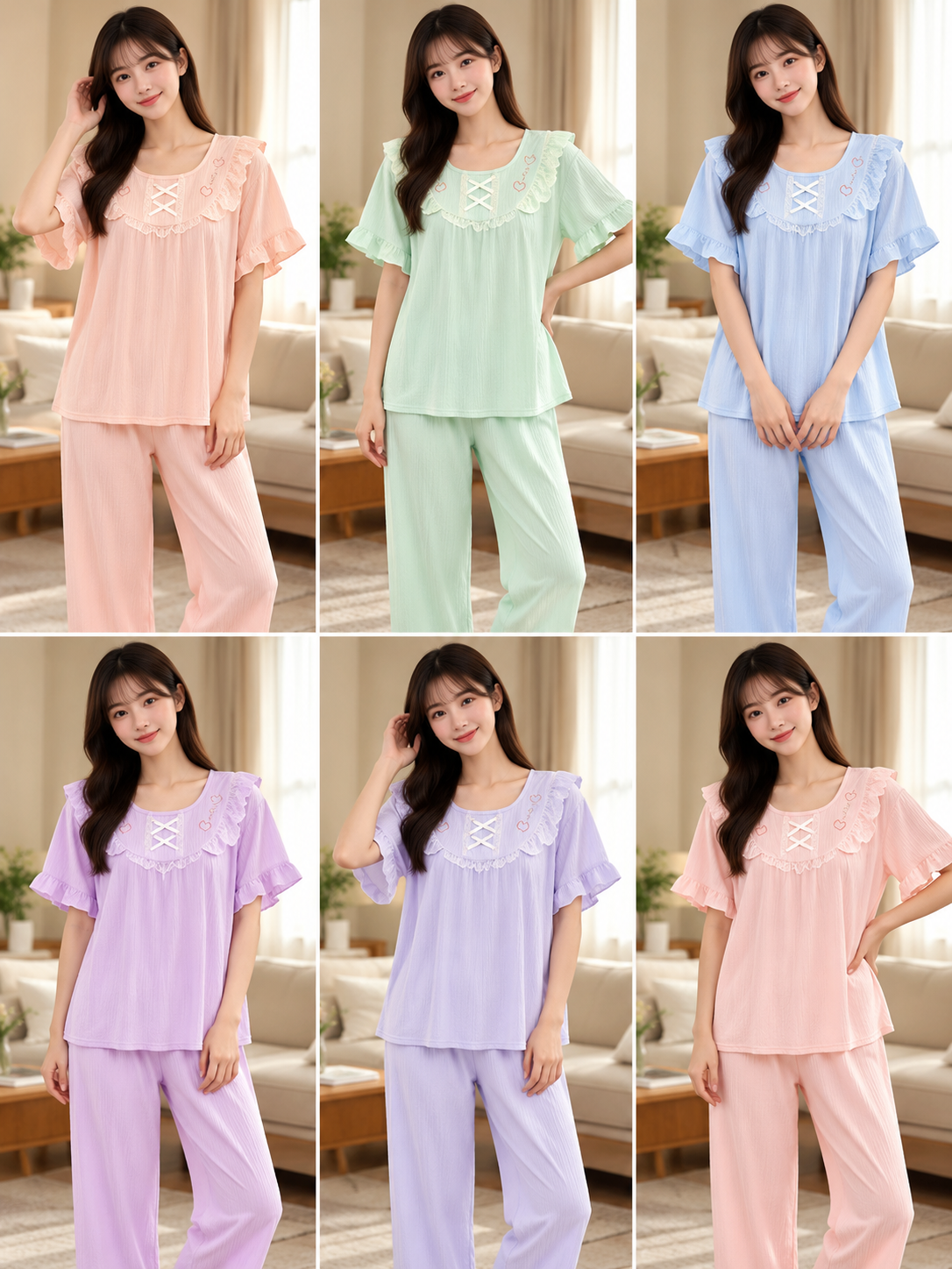 Pastel heart embroidered lace bib lattice bow short sleeve pajama sets wholesale