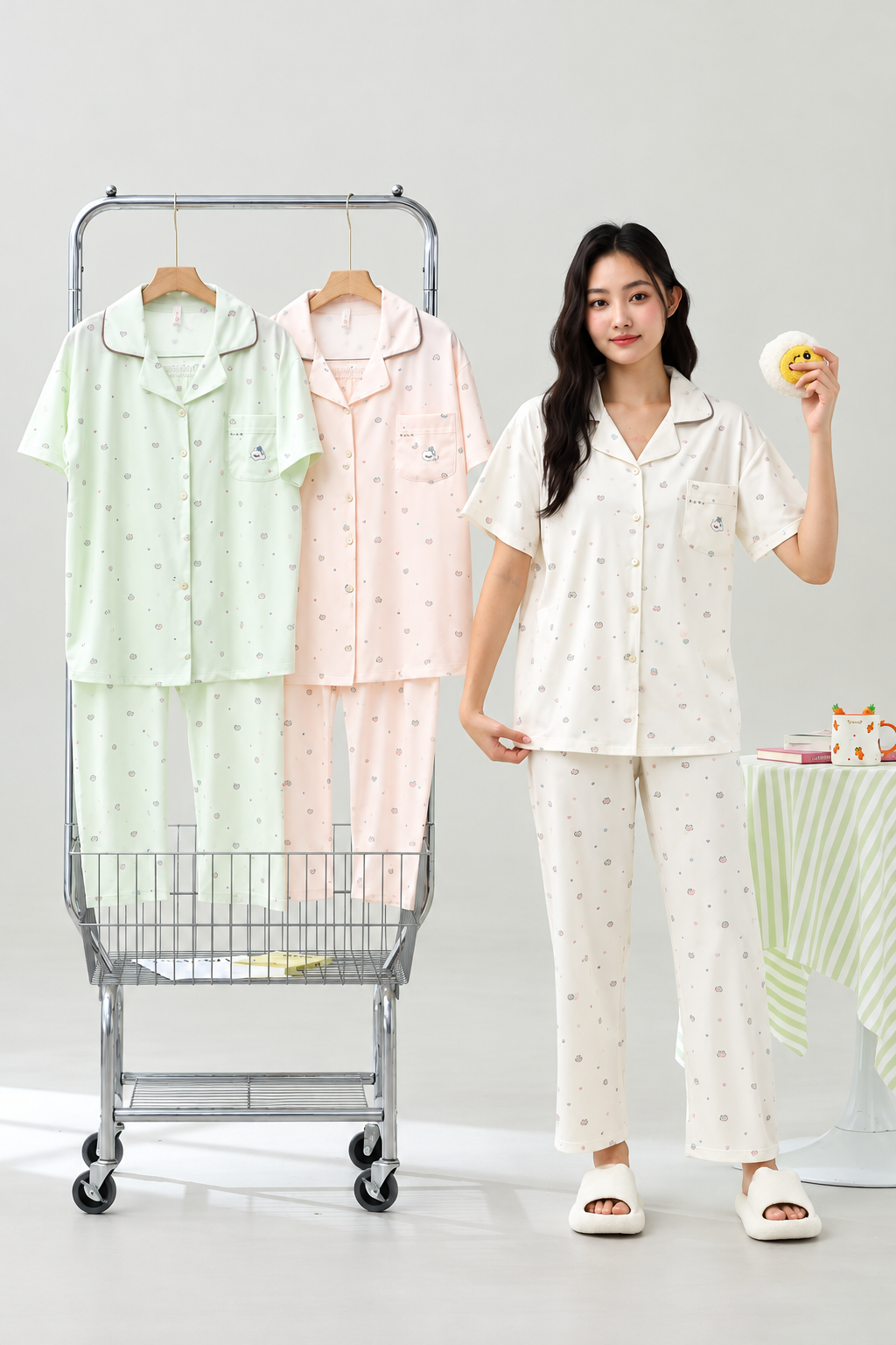 Mint peach cream mini print collared button front pajama set wholesale
