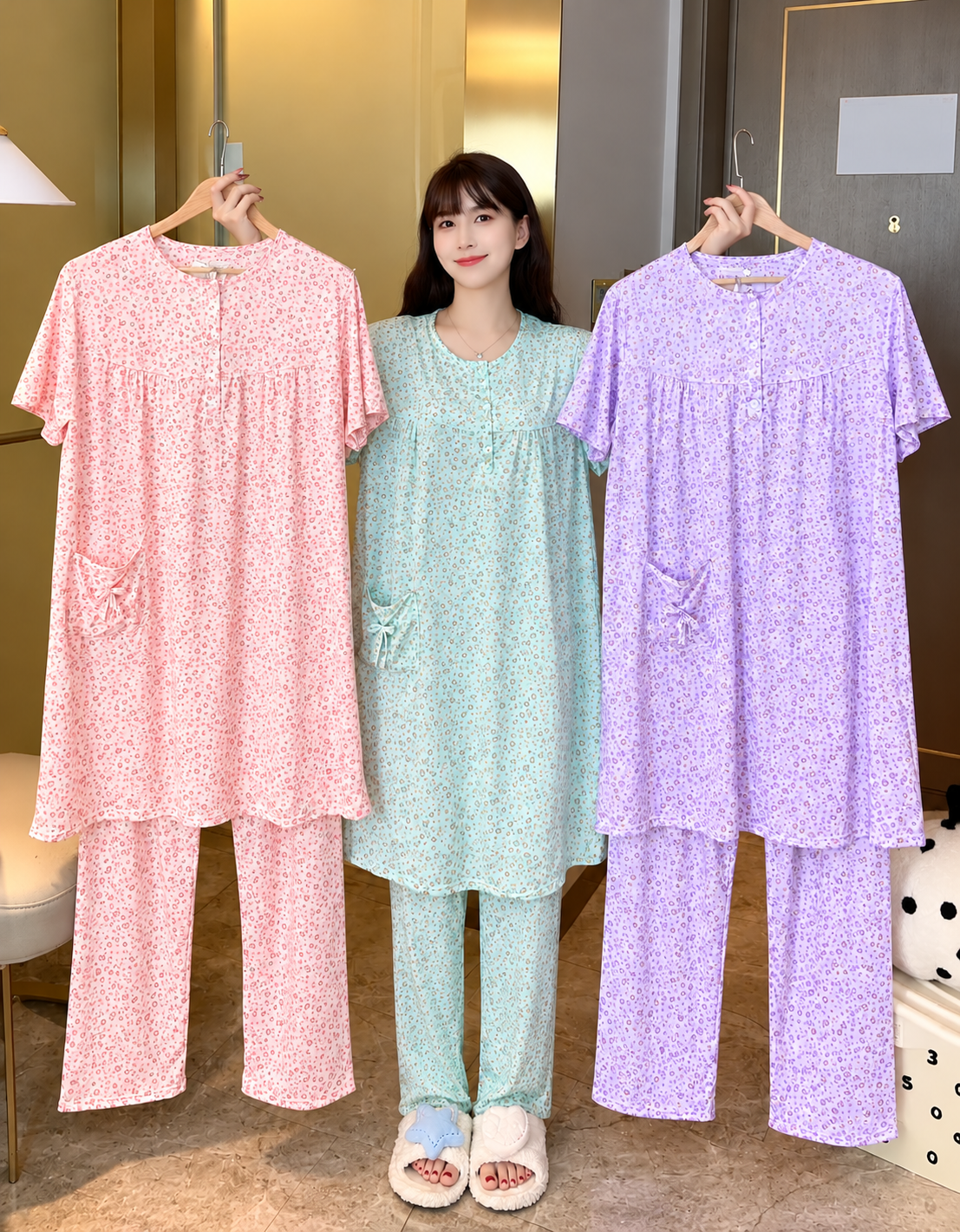 Pastel pink mint lavender printed pajama sets with matching full-length trousers