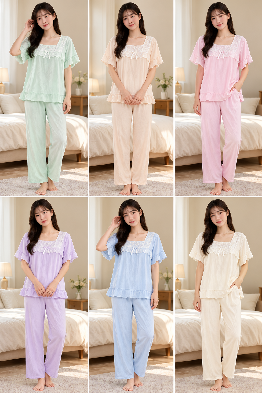 Six pastel ruffle hem lace bow pajama sets Korean nightwear wholesale