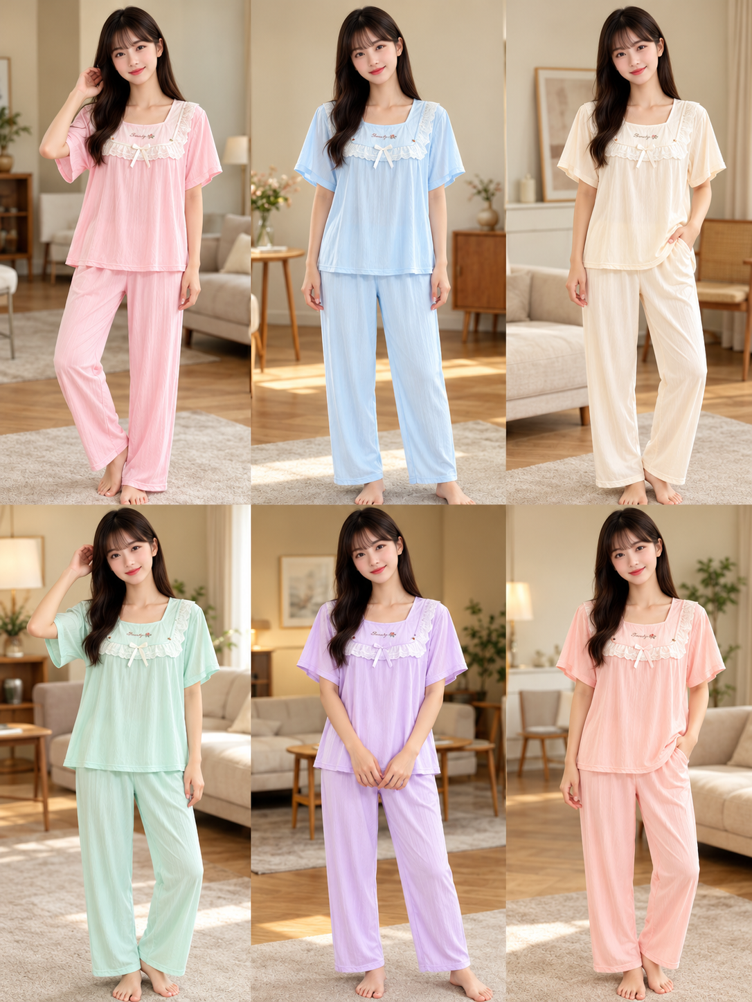 Six pastel colours lace bow square neck pajama nightwear wholesale