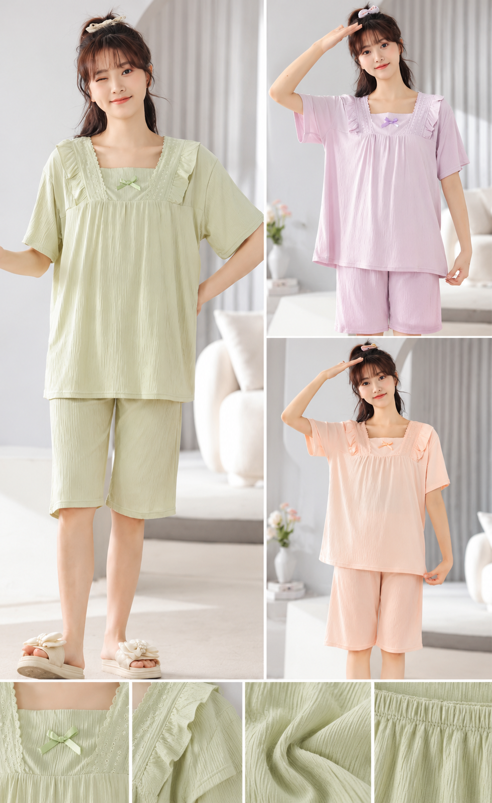 Pastel green lavender peach square neck ruffle shorts nightwear set