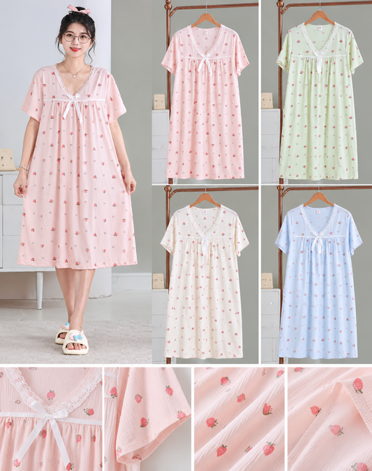 Pastel strawberry print lace neck nightdress Korean wholesale
