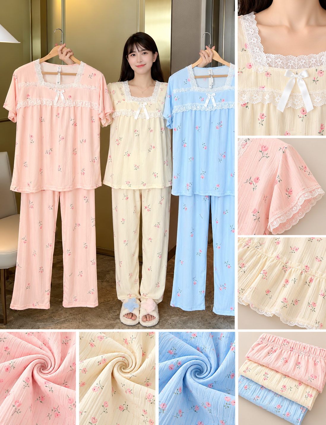 Peach cream blue rose floral square neck lace bow pajama nightwear set wholesale