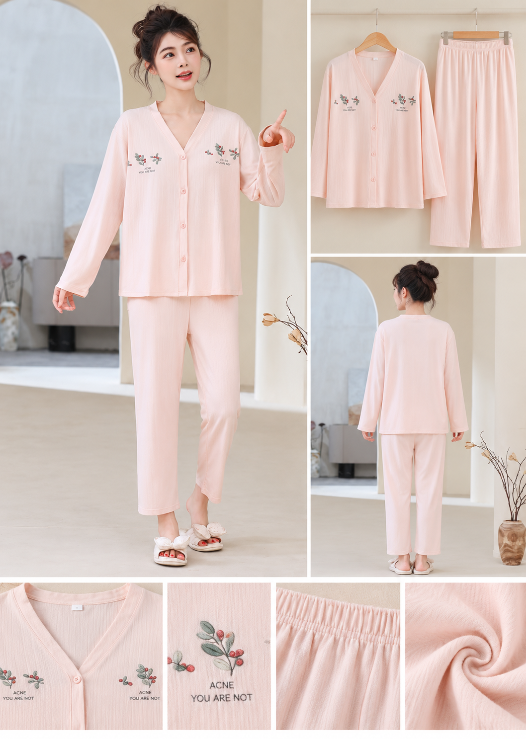 Peach pink floral embroidered V neck long sleeve two piece nightwear set wholesale