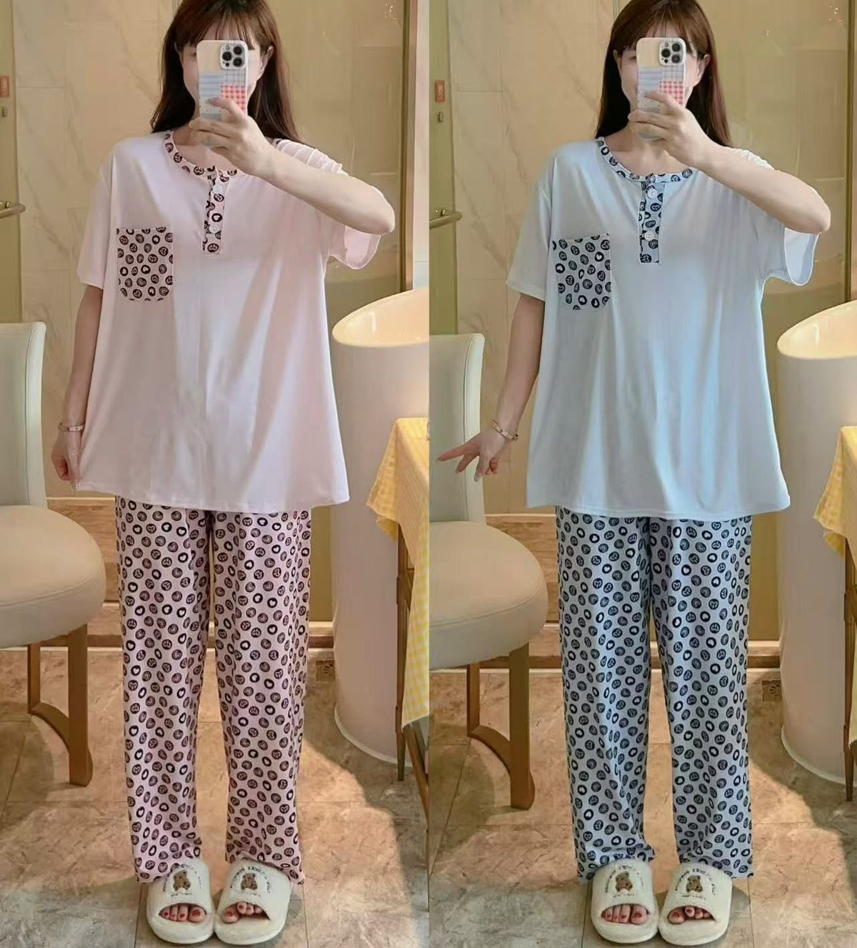 Pastel pink and light blue circular print two piece night suit with matching trousers