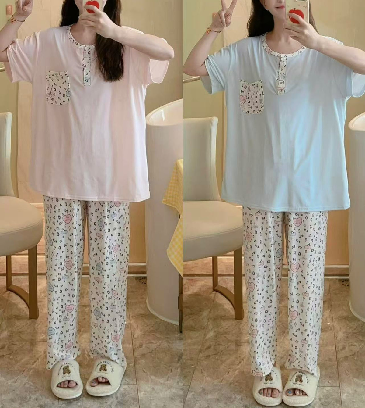 Pastel pink and blue heart print two piece night suit with pocket and button placket