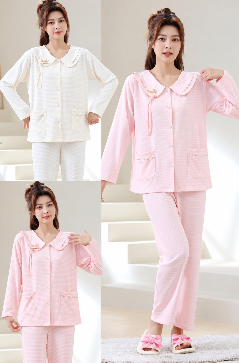 Pink and cream Peter Pan collar button-front long sleeve nightwear trouser sets