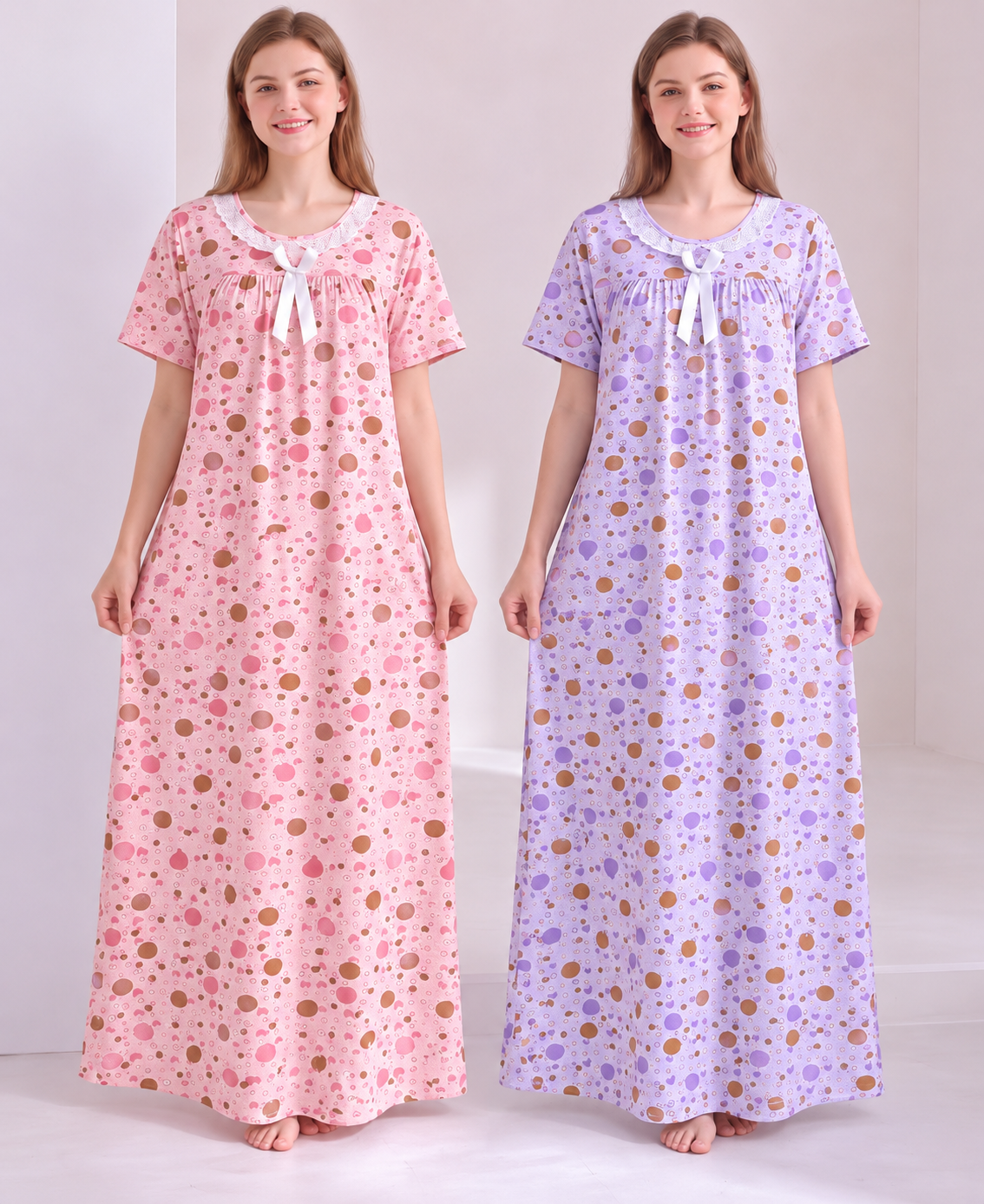Pink lavender polka dot bow nightdress Korean nightwear wholesale