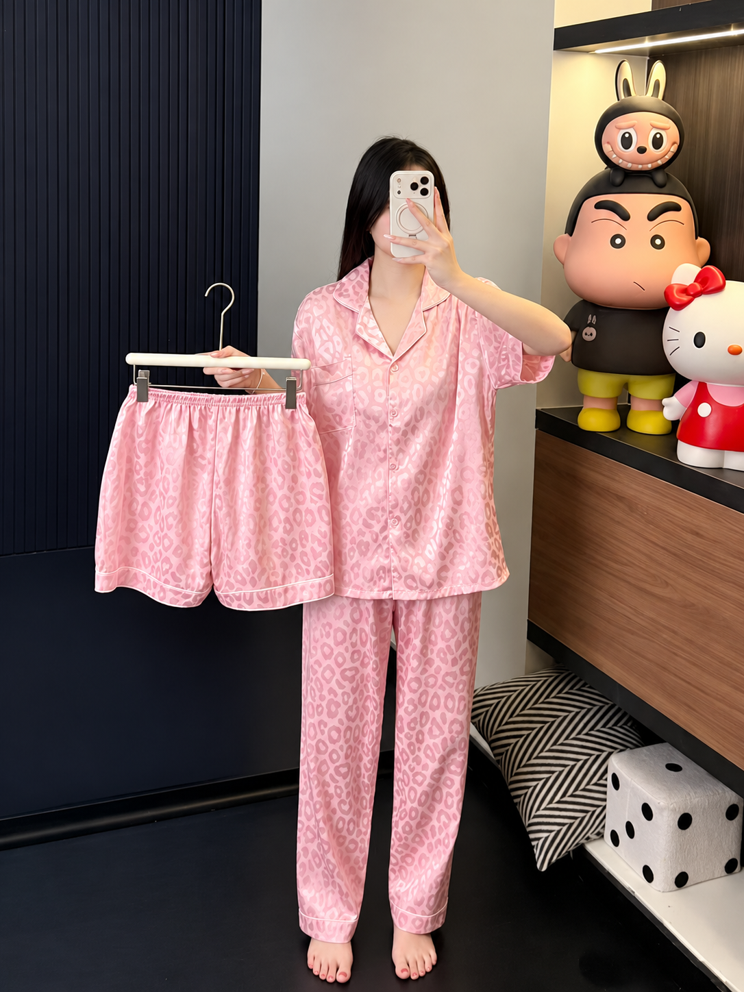 Pink leopard print Korean nightwear set with button front top and matching bottoms