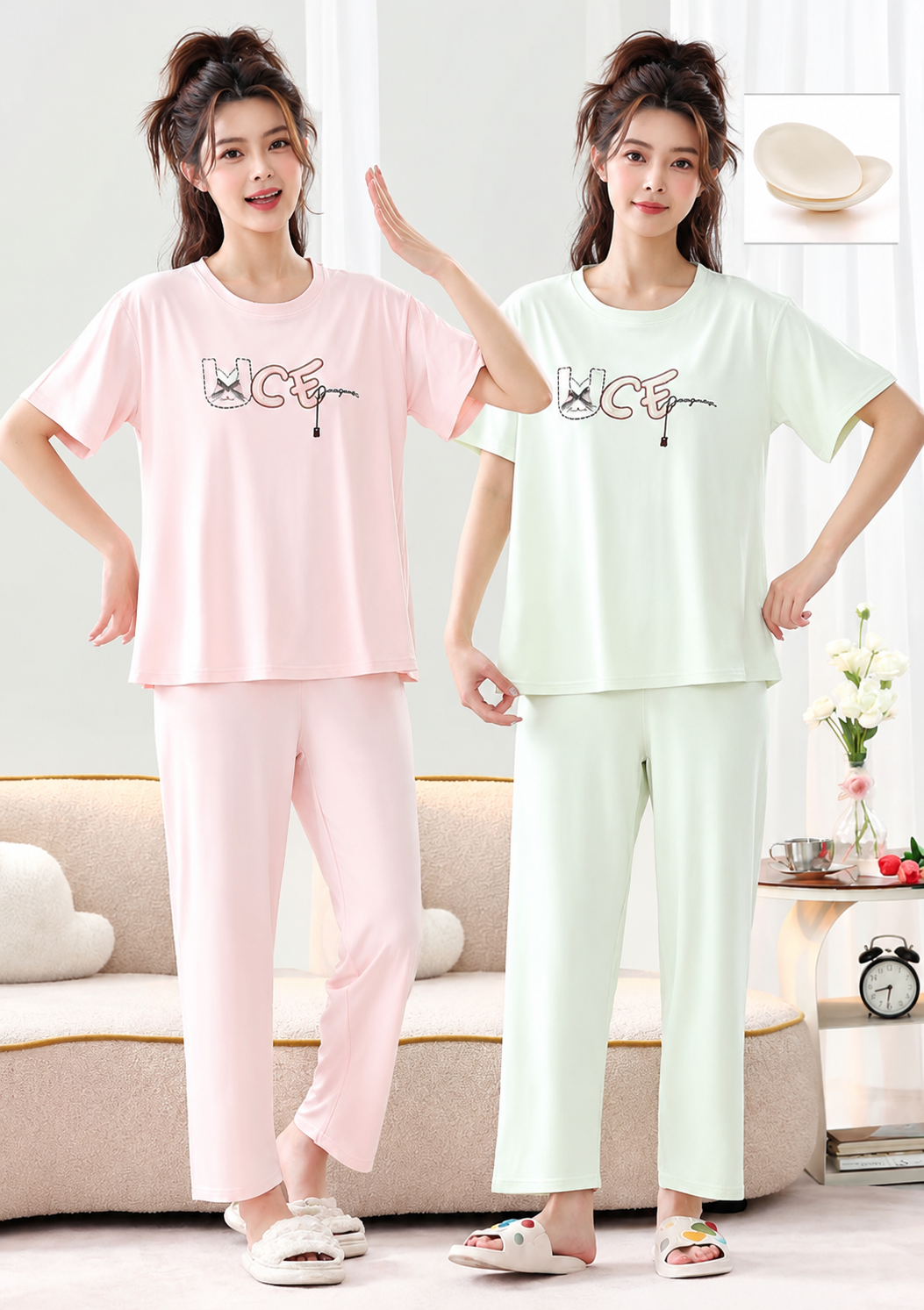 Pink mint green graphic T shirt full length pajama set Korean wholesale