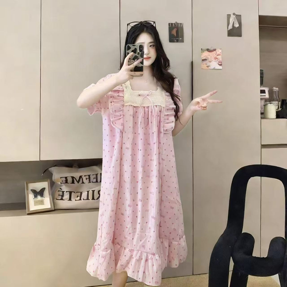 Pink printed lace yoke long nightdress with bow and ruffle hem