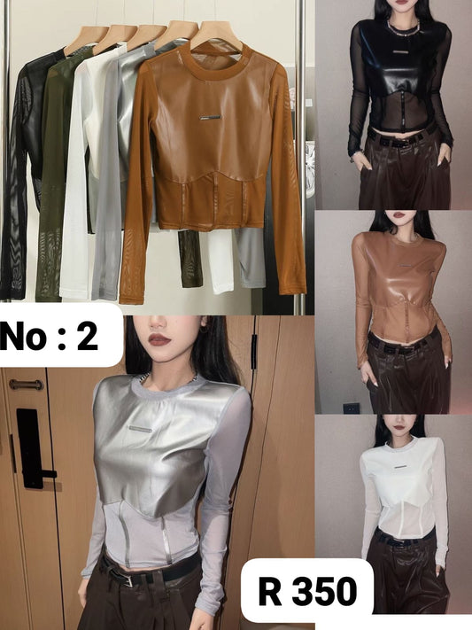 Imported Powernet Leather Patch Top | Wholesale Korean Womens Wear  - ZF-210