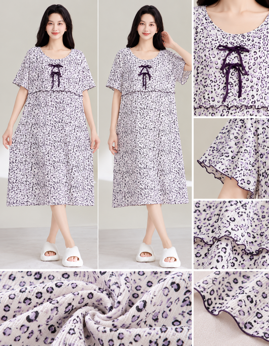 Purple leopard print bow neck Korean nightdress wholesale MOQ 6