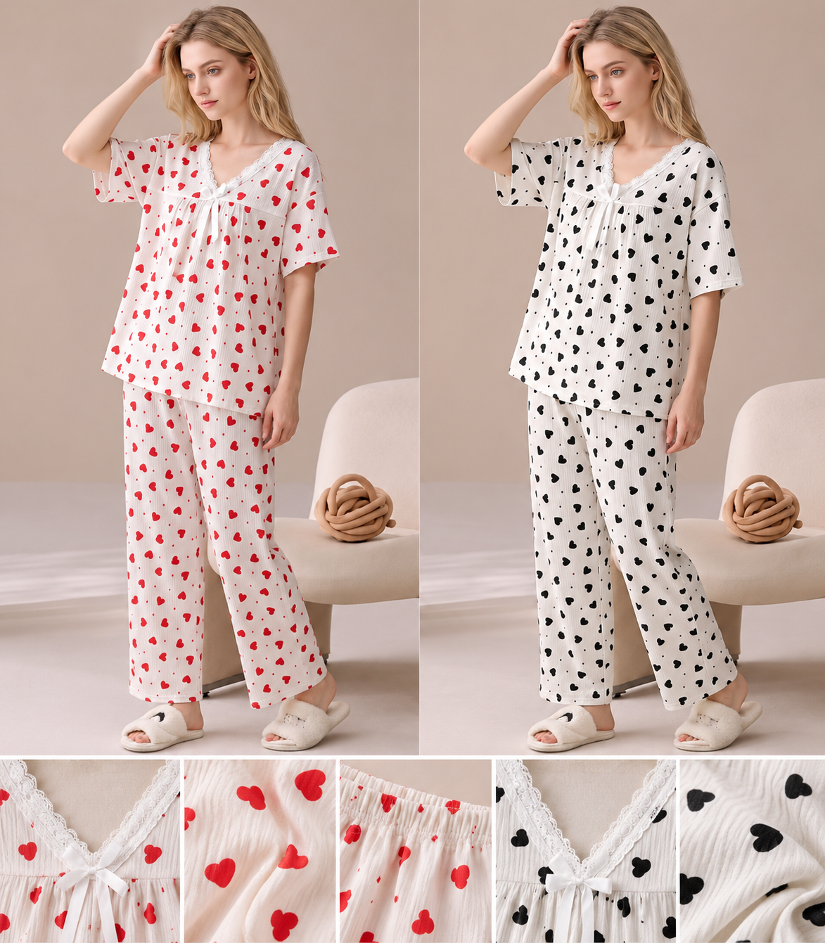 Red and black heart print lace V neck two-piece pajama set wholesale
