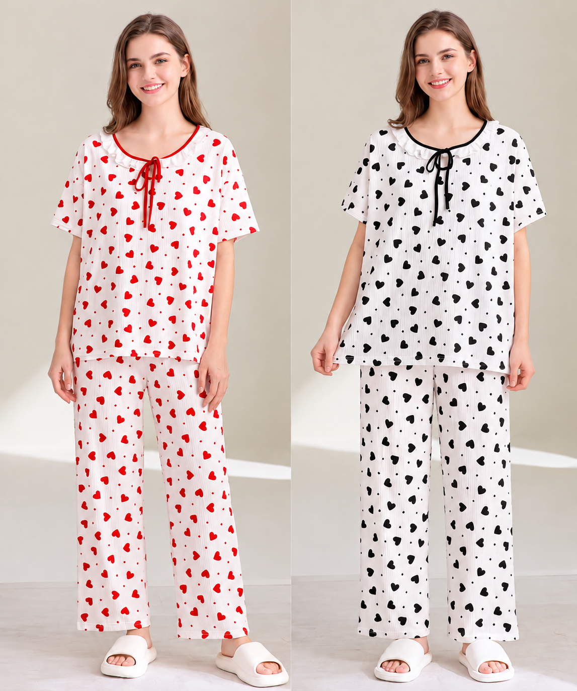 Red and black heart print Korean two piece nightwear wholesale