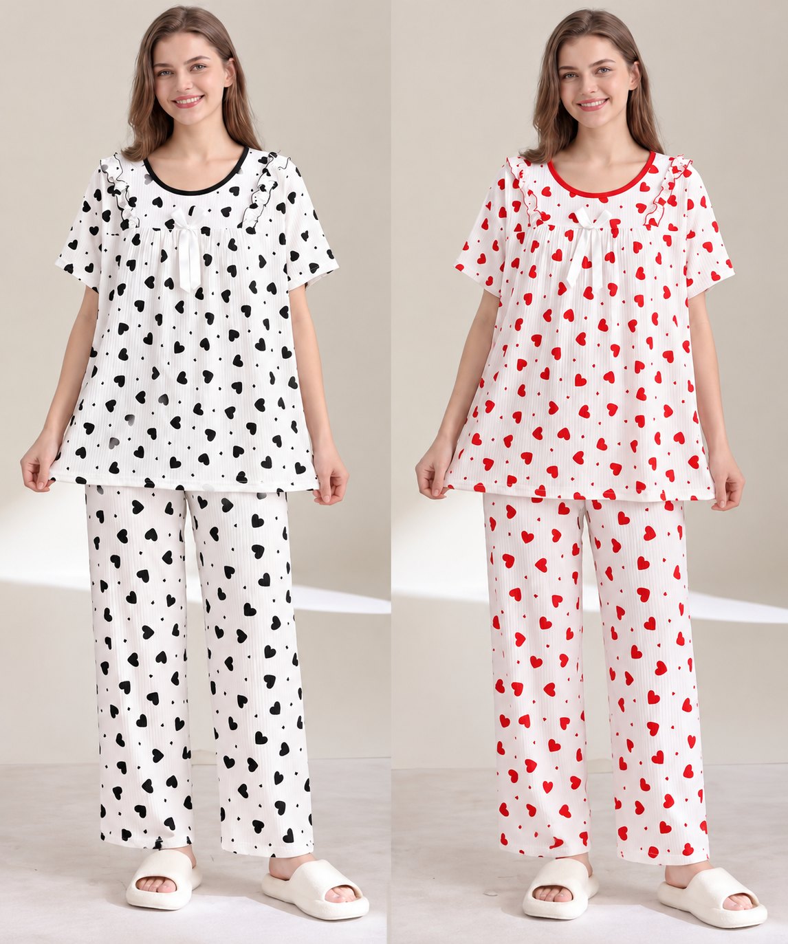 White red and black heart print nightwear set with bow top and full length trousers