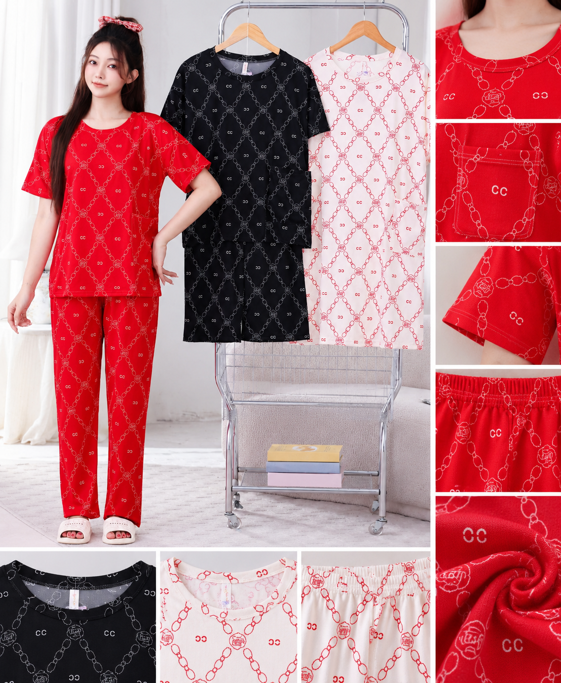 Red black white chain print Korean nightwear pajama set wholesale MOQ 6