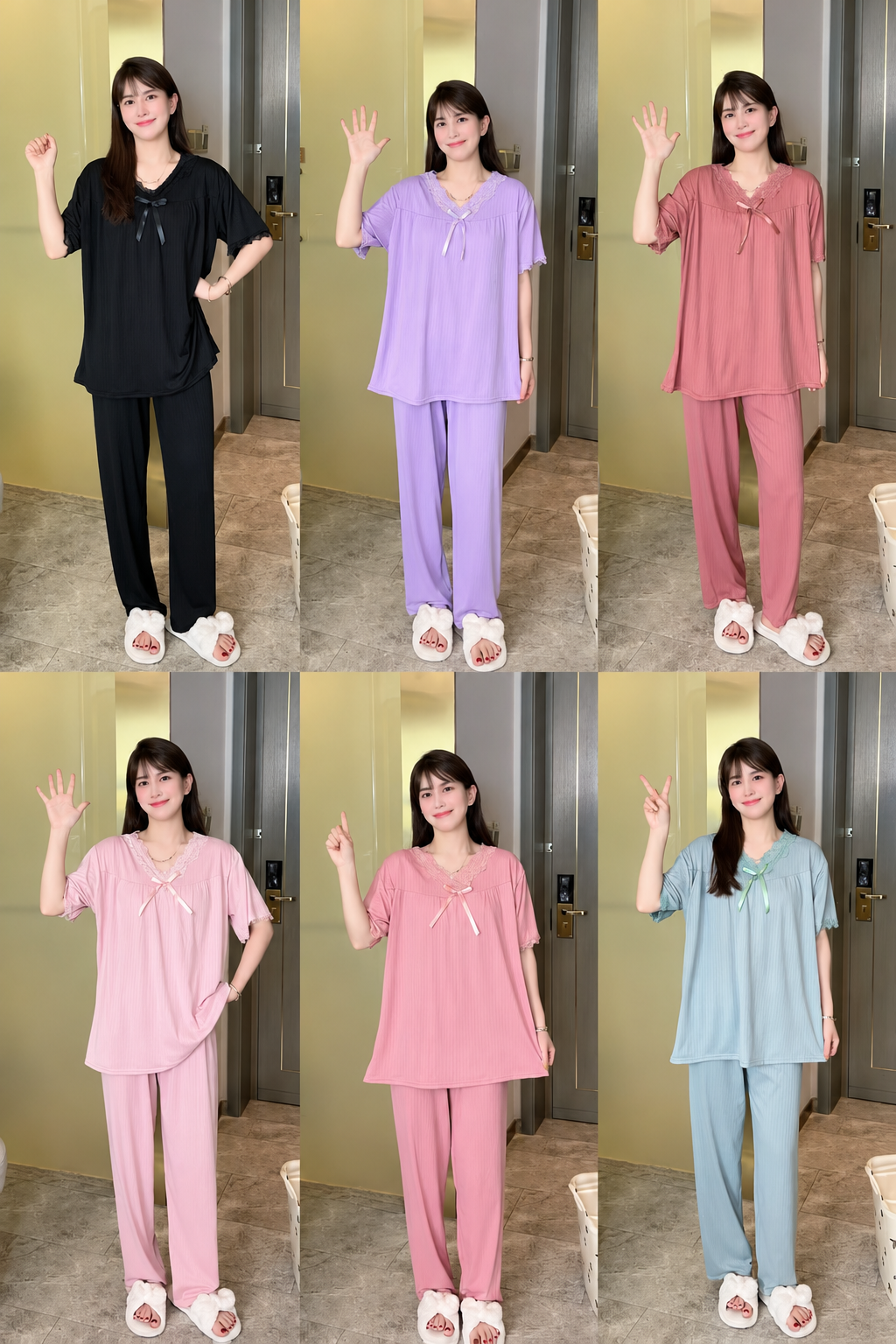 Six colours of ribbed lace neckline bow top and full length pants women's nightwear set