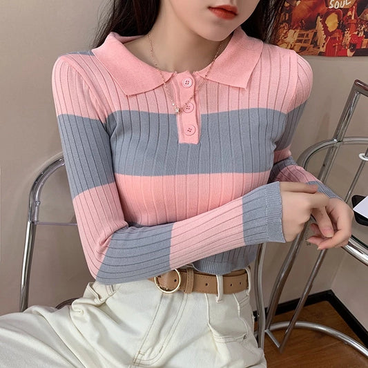 Imported Striped Patta Knitting Fullslevees Crop Top | Wholesale Korean Womens Wear  - ZF-59