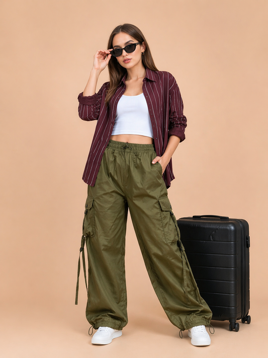 Women Cargo Parachute Pants | Korean Streetwear Utility Trousers Size Pack (28–34) Wholesale India