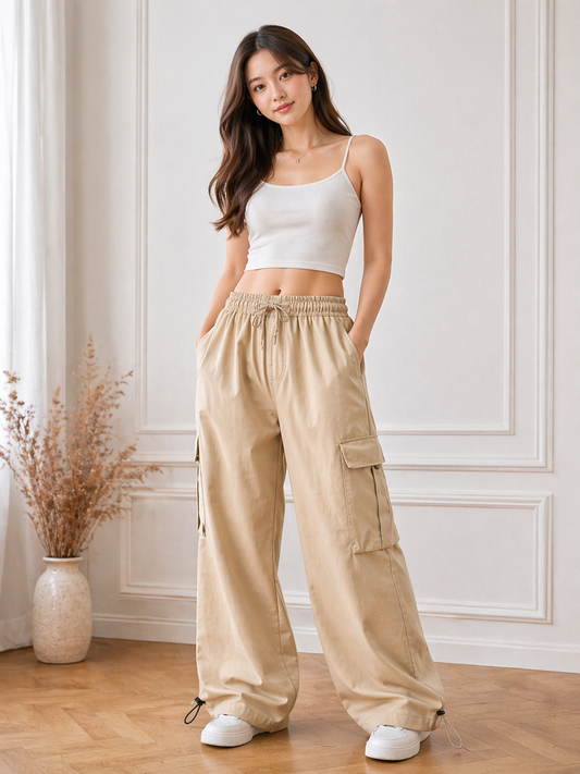 Women Cargo Pants Elastic Waist | Korean Loose Fit Utility Trousers Size Pack (28–34) Wholesale India