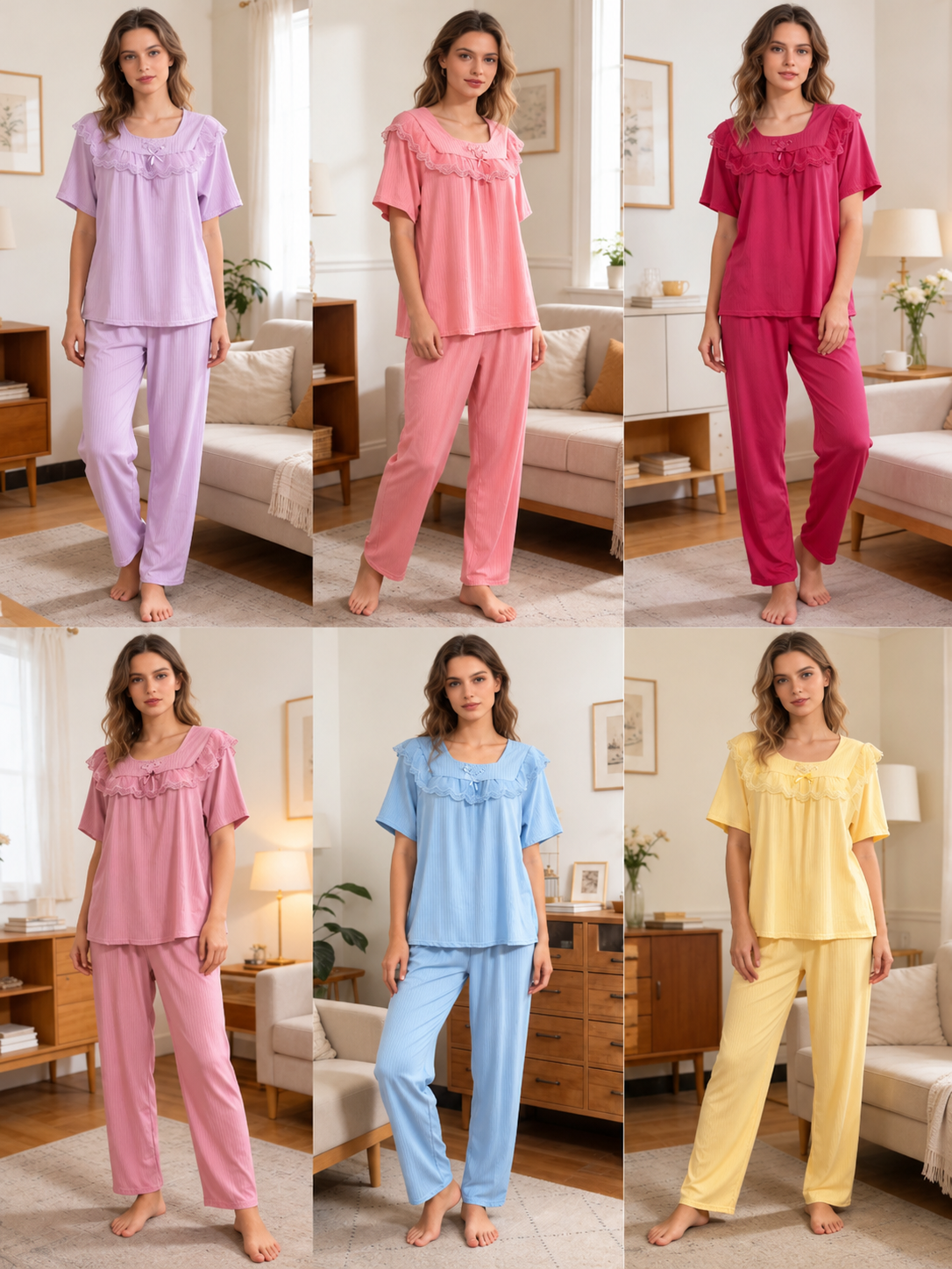 Six colours of women's ruffle yoke short sleeve top and full length pants pajama set
