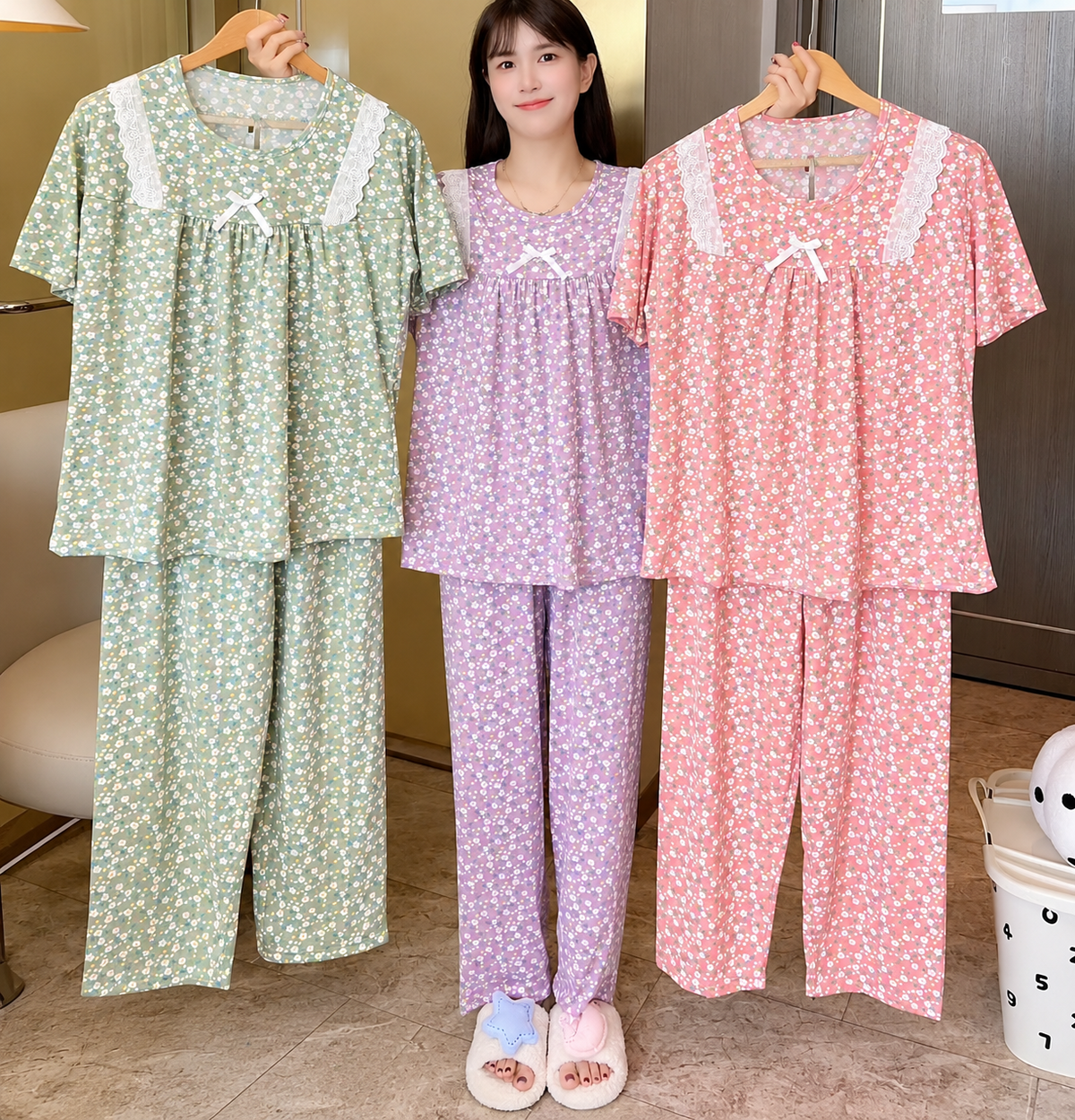 Sage lavender coral floral lace detail Korean pajama set wholesale