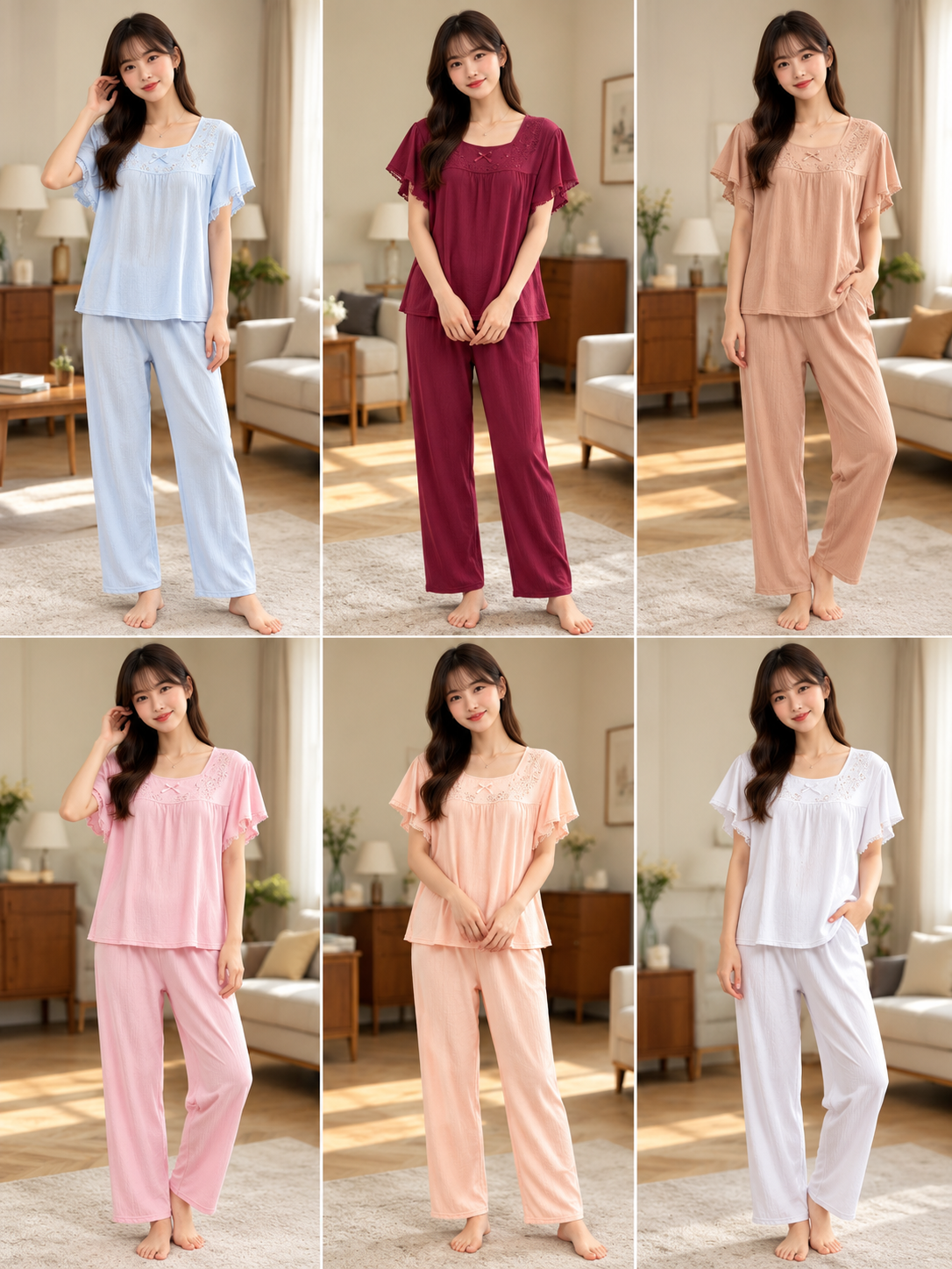 Six colour lace yoke flutter sleeve women's full length pajama nightwear sets