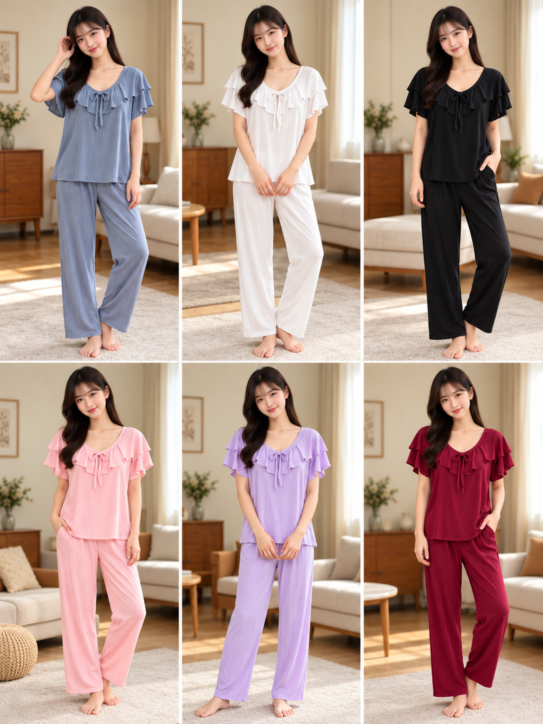Six-colour women's ruffle neckline tie-front matching pajama set wholesale
