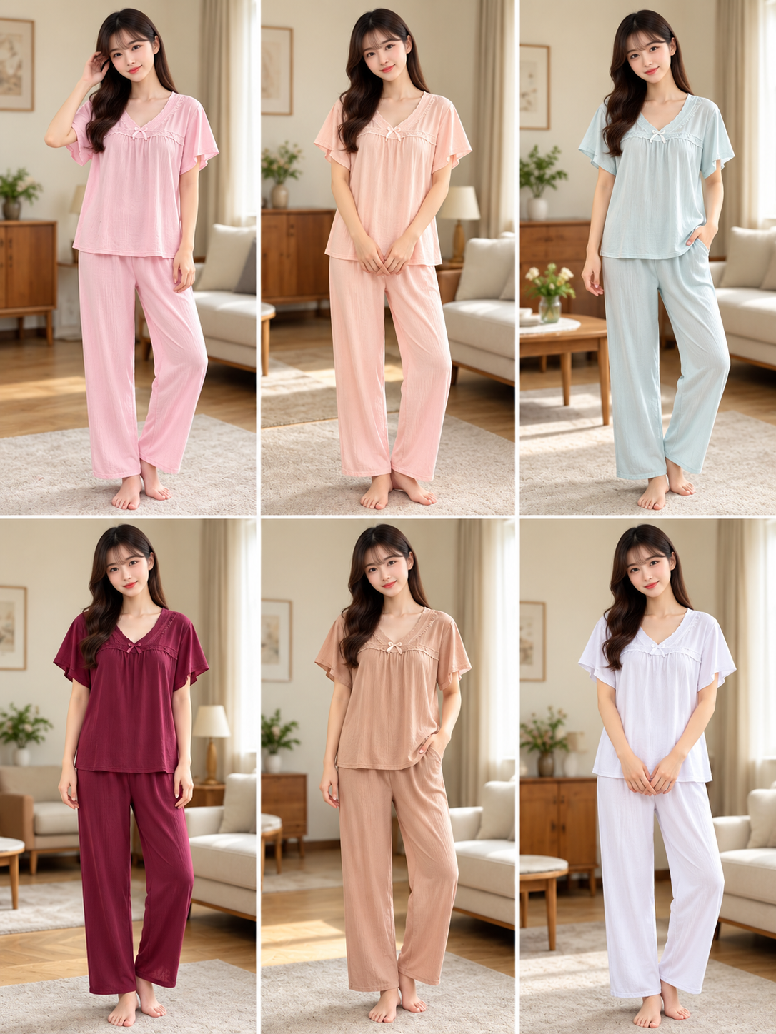 Six colour V-neck bow detail women's matching top and full-length pajama sets