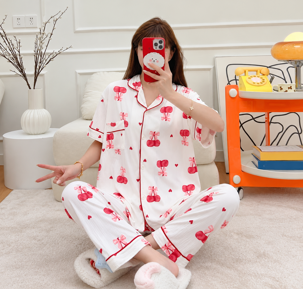 White and red cherry print women's short sleeve button front nightwear pajama set