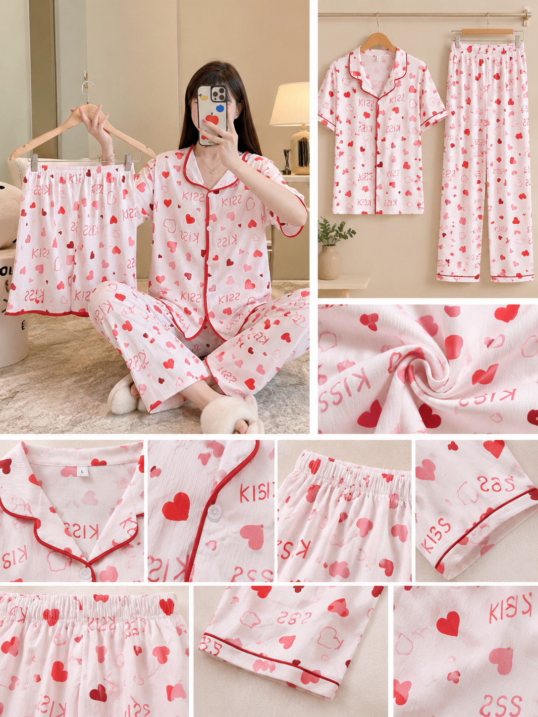 White red heart KISS print women's two-piece short sleeve pajama set wholesale