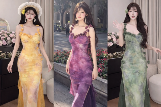 Imported Korean Tie-Dye Floral Appliqué Maxi Dress for Women – Wholesale