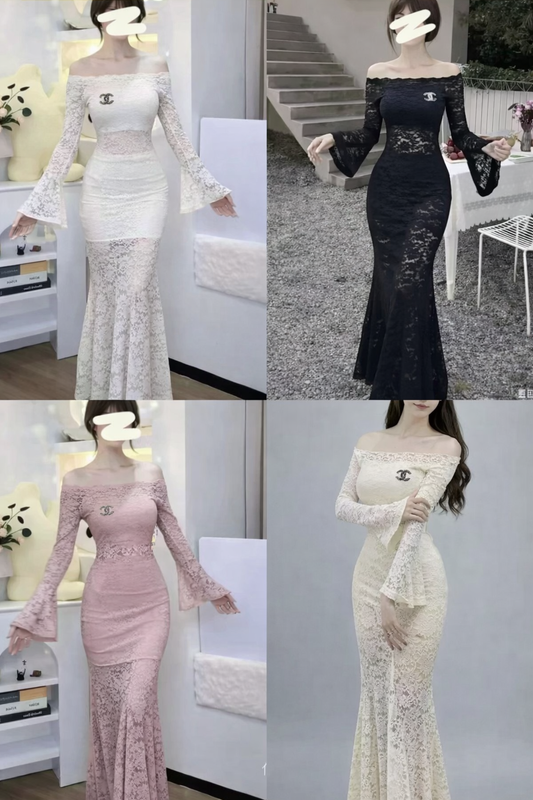 Imported Korean Off-Shoulder Lace Bell Sleeve Maxi Dress for Women – Wholesale