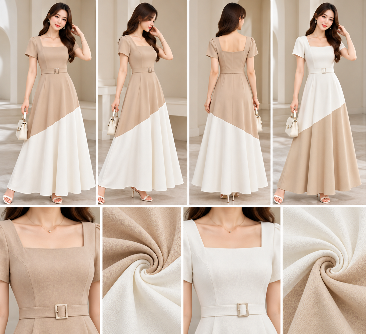Beige and white square neck short sleeve belted A-line maxi dress with diagonal colourblock panels