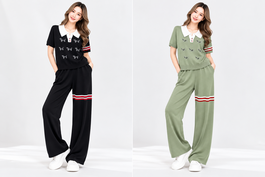 Black and sage green women's collared short sleeve knitted co-ord set with wide leg pants