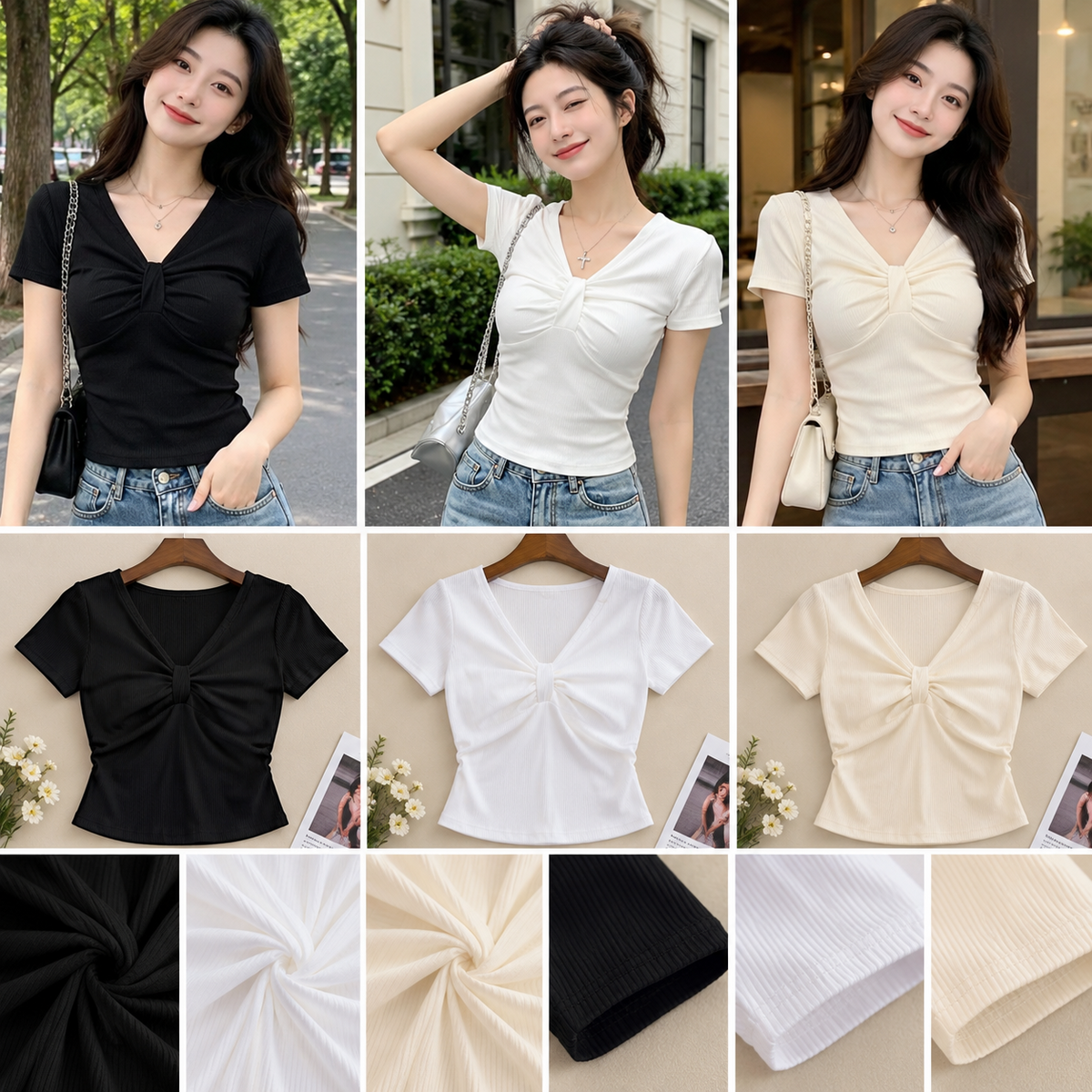 Black white and cream ribbed short sleeve V neck tops with gathered twist front detail