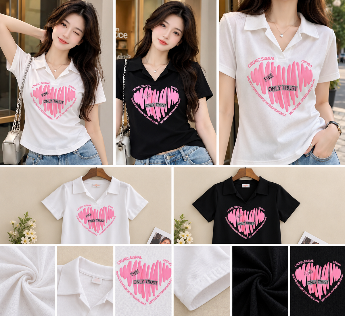 Black and white short sleeve collared tops with pink heart Only Trust graphic print