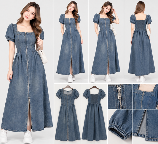 Blue denim maxi dress with square neckline puff sleeves front zipper and smocked back