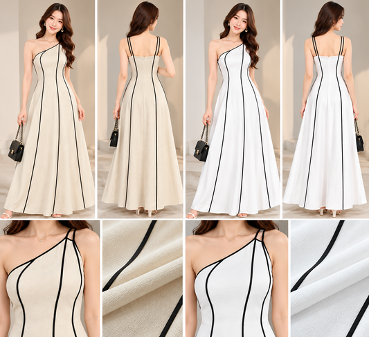 Cream and white asymmetric one shoulder maxi dresses with black contrast piping front and back