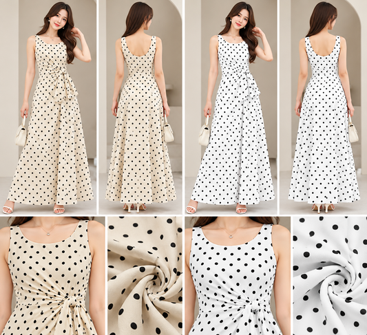 Cream and white black polka dot sleeveless maxi dresses with side waist tie and scoop back